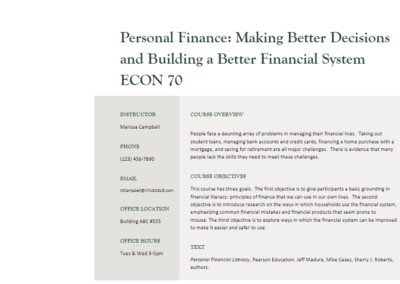 Fake section of a syllabus for Personal Finance: Making Better Decisions and Building a Better Financial System ECON 70