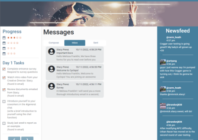 banner image with three columns below: 1, Progress and list of tasks, 2. Messages with 3 snippets of emails, 3. a newsfeed similar to Twitter