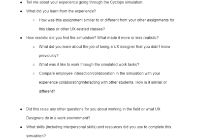 Small group discussion questions such as: Tell me about your experience going through the Cyclops simulation, and What did you learn from the experience?