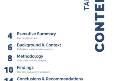Table of contents: executive summary, background and context, methodology, findings, conclusions and recommendations, limitations, appendices